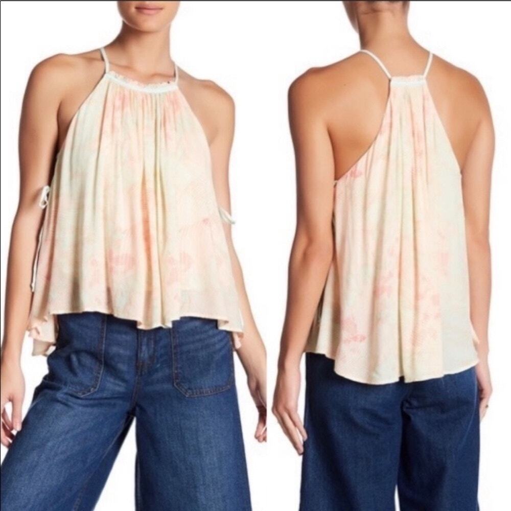 Free People cream, green & pink pastel dot print tank top size M